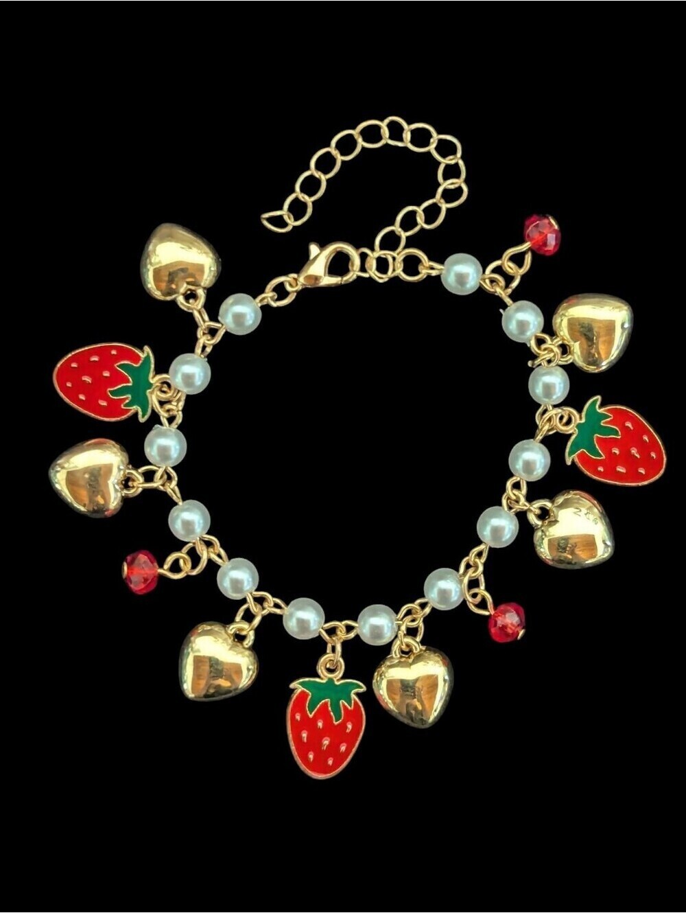 Gold Strawberry Heart Charm Bracelet Summer Pearl Feminine Kawaii Cute Girlie